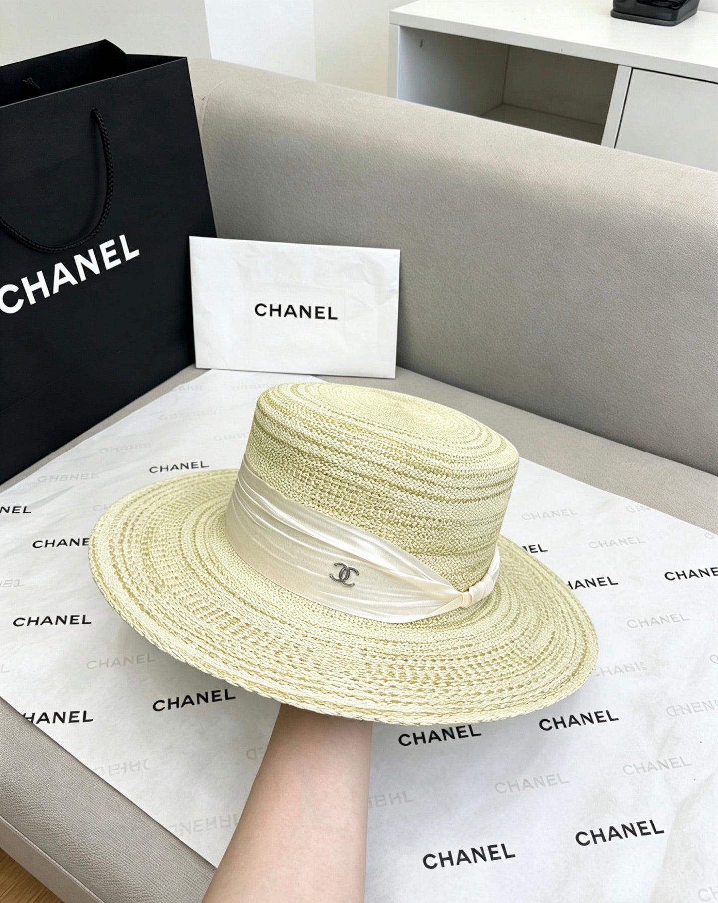 CHANEL Straw Flat-Top Hat